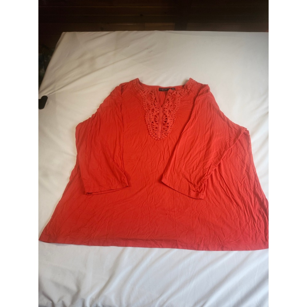 Susan Graver Weekend Orange/Red Crochet Lace Neck 3/4 Sleeve Tunic Top Size3X